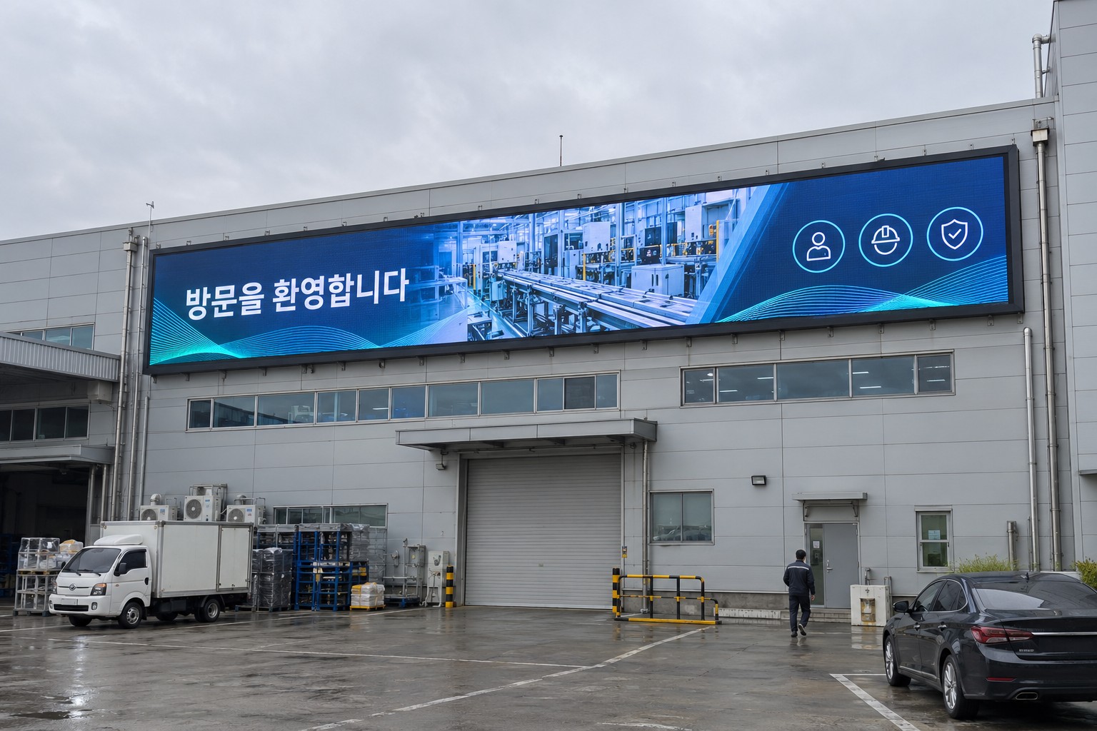 옥외 전광판을 공장 전면에 설피한 사진