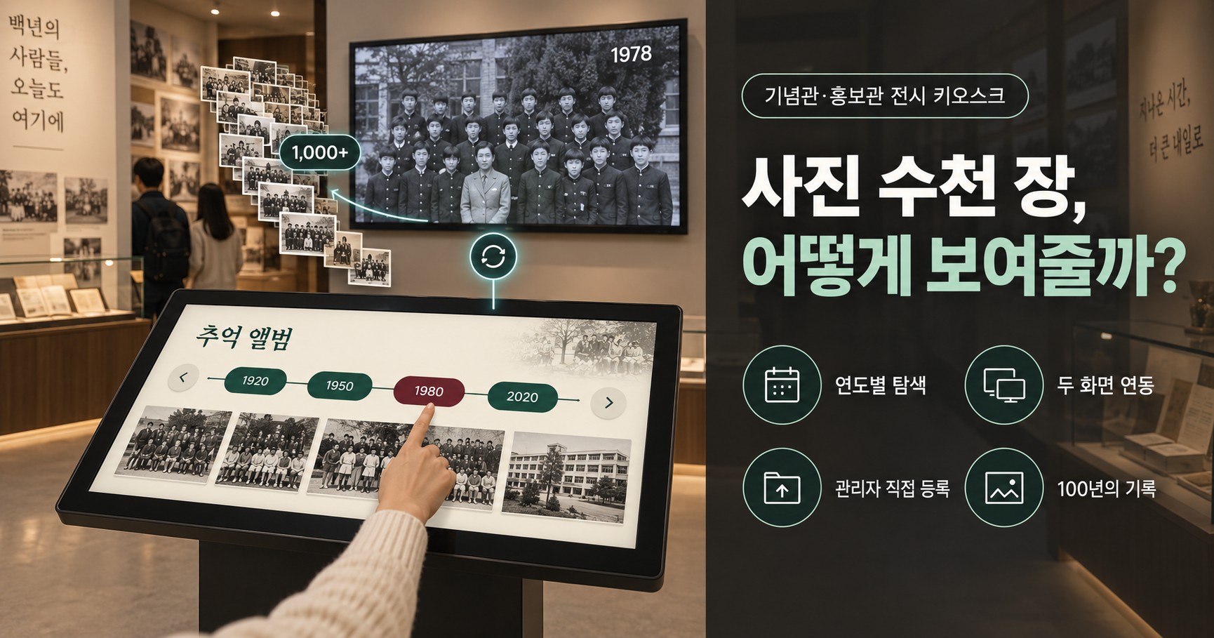 기념관·홍보관 전시 안내 키오스크 제작, 사진 수천 장은 어떻게 보여주나요? (학교 100주년 디지털 아카이브·대형 모니터 연동 개발 사례)