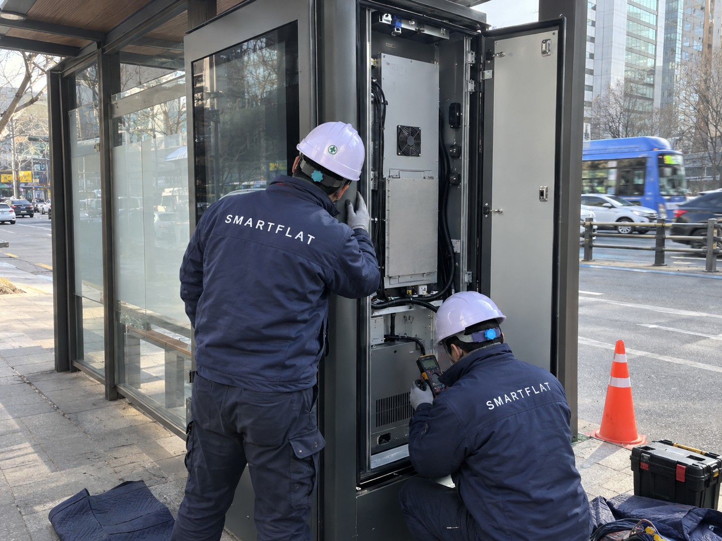 옥외 함페와 더불어 설치중인 스마트프랫 설치기사