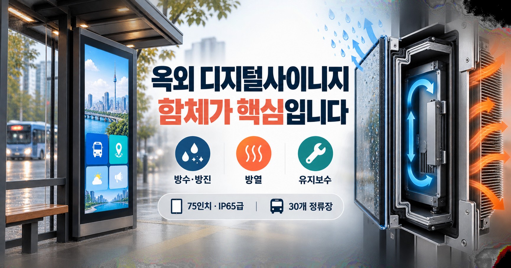옥외 디지털사이니지 설치, 방수 함체는 왜 직접 만들어야 하나요? (KT 버스쉘터 75인치 옥외 DID 30개소 IP65 제작·롤아웃 사례)