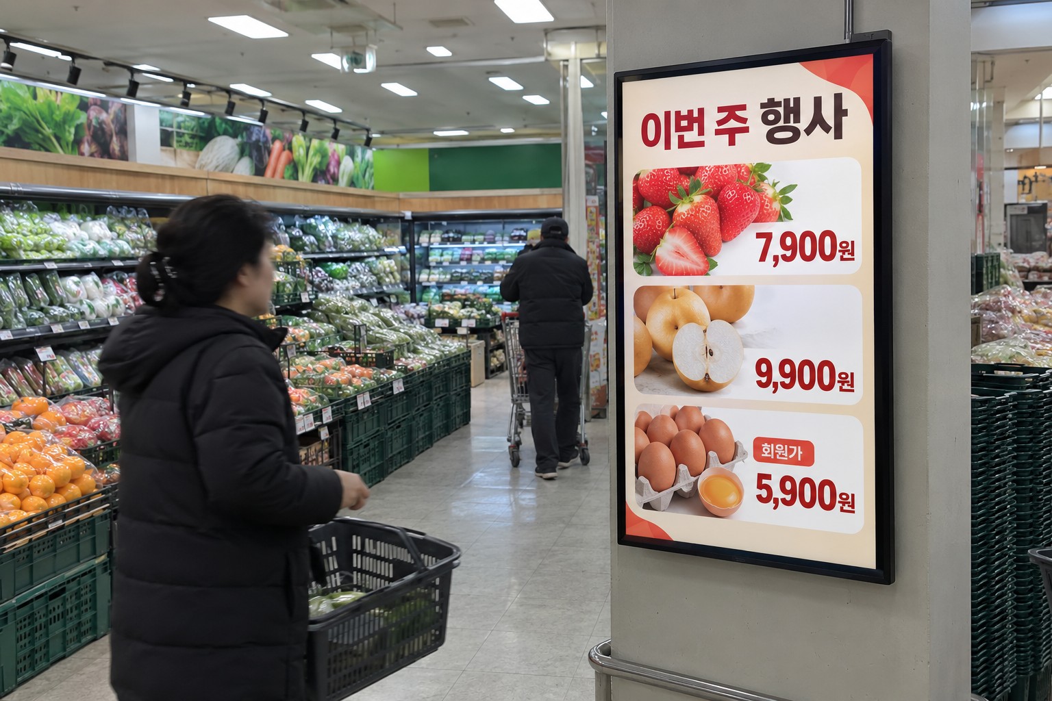 할인 광고를 표시하는 마트 전자광고판