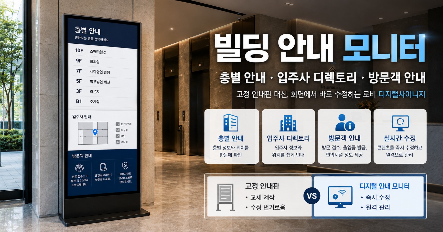 빌딩 안내 모니터, 어디에 무엇을 띄워야 할까요? (엘리베이터·복도·로비 위치별 입주사 안내·공지 가이드)