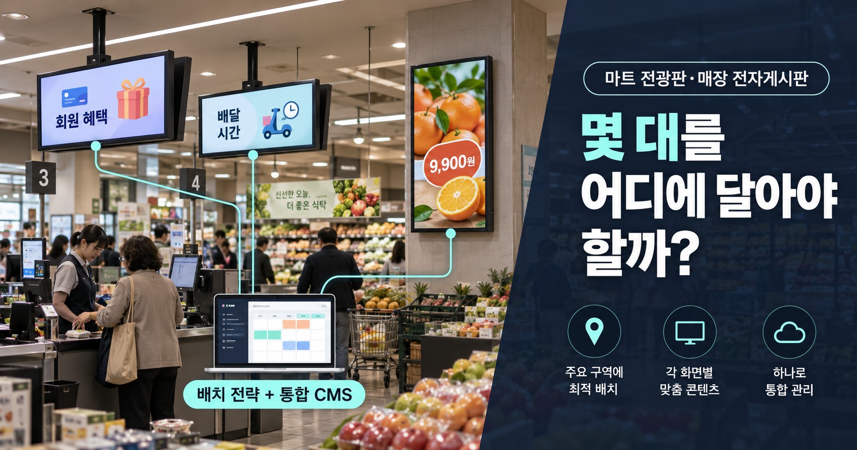 마트 전광판·매장 전자게시판, 광고판 설치, 몇 대를 어디에 달아야 하나요? (하나로마트 천장 양면형·세로형 DID 역할분담 설계)